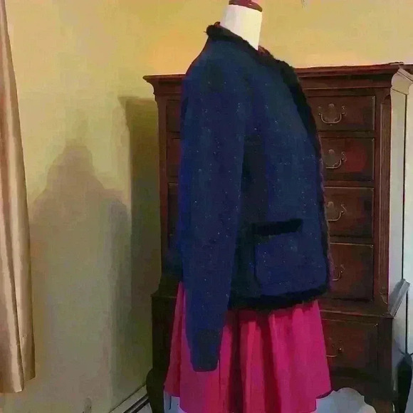 Talbots Navy Blue Wool Knit Blend Black Faux-Fur Trim Shetland Jacket Si… - Picture 4 of 16